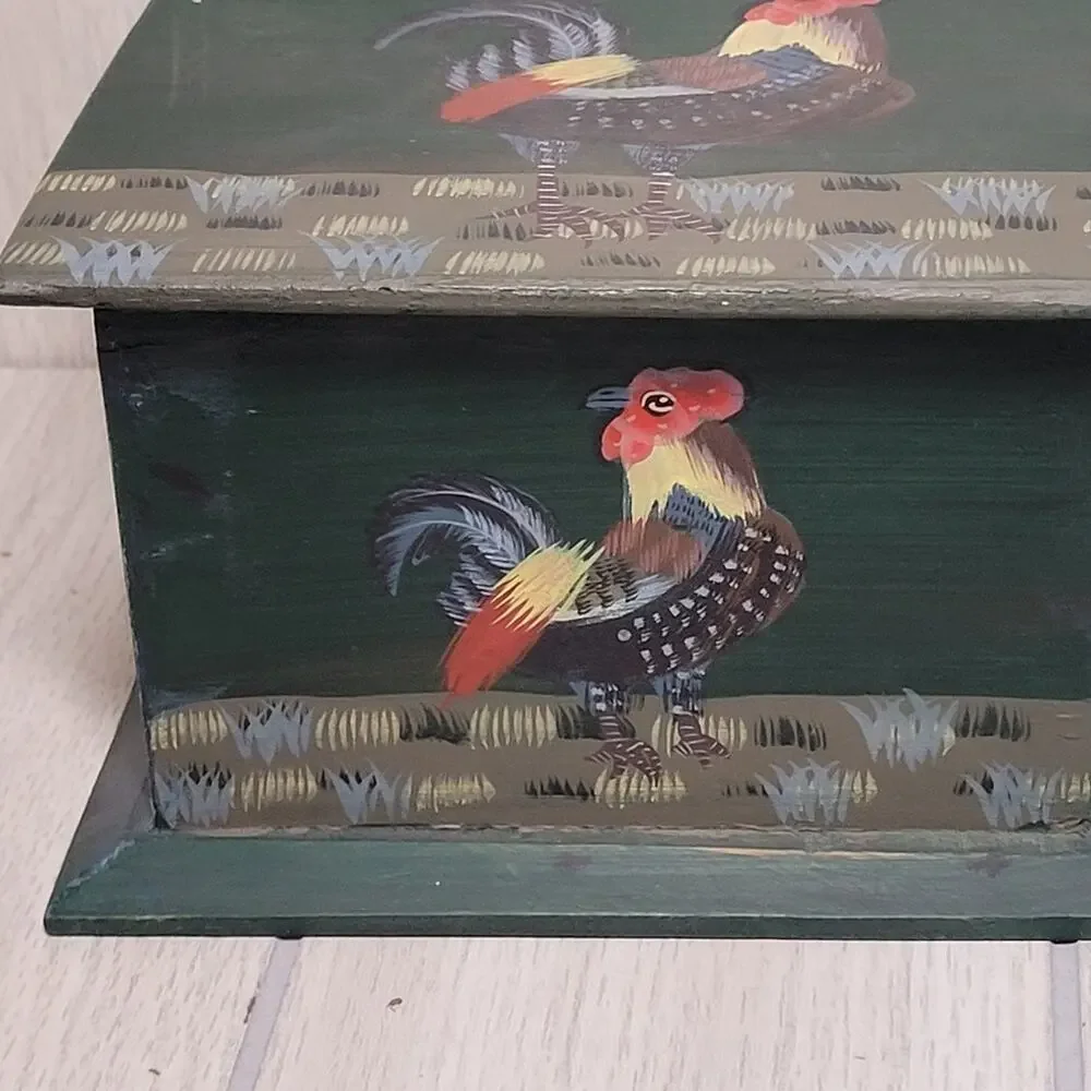 Vintage Han Painted Rooster Wood Recipe Box Bird Farmhouse Country Prairie